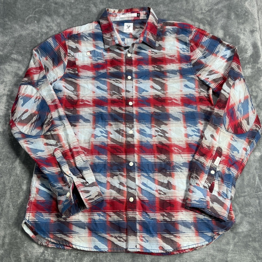Mark Ecko Shirt Mens Large Cut & Sew Button Up Camo Splatter Plaid Abstract EUC